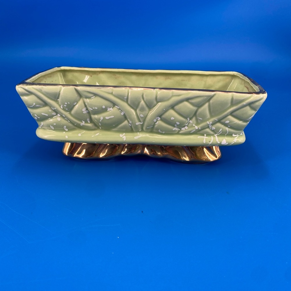 Vintage Shafer Pottery  23K Gold Trim LIME GREEN White Drip Leaf Planter